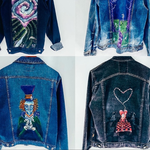 Trippy Alice in Wonder Hand Painted Denim Jackets - Picture 2 of 8